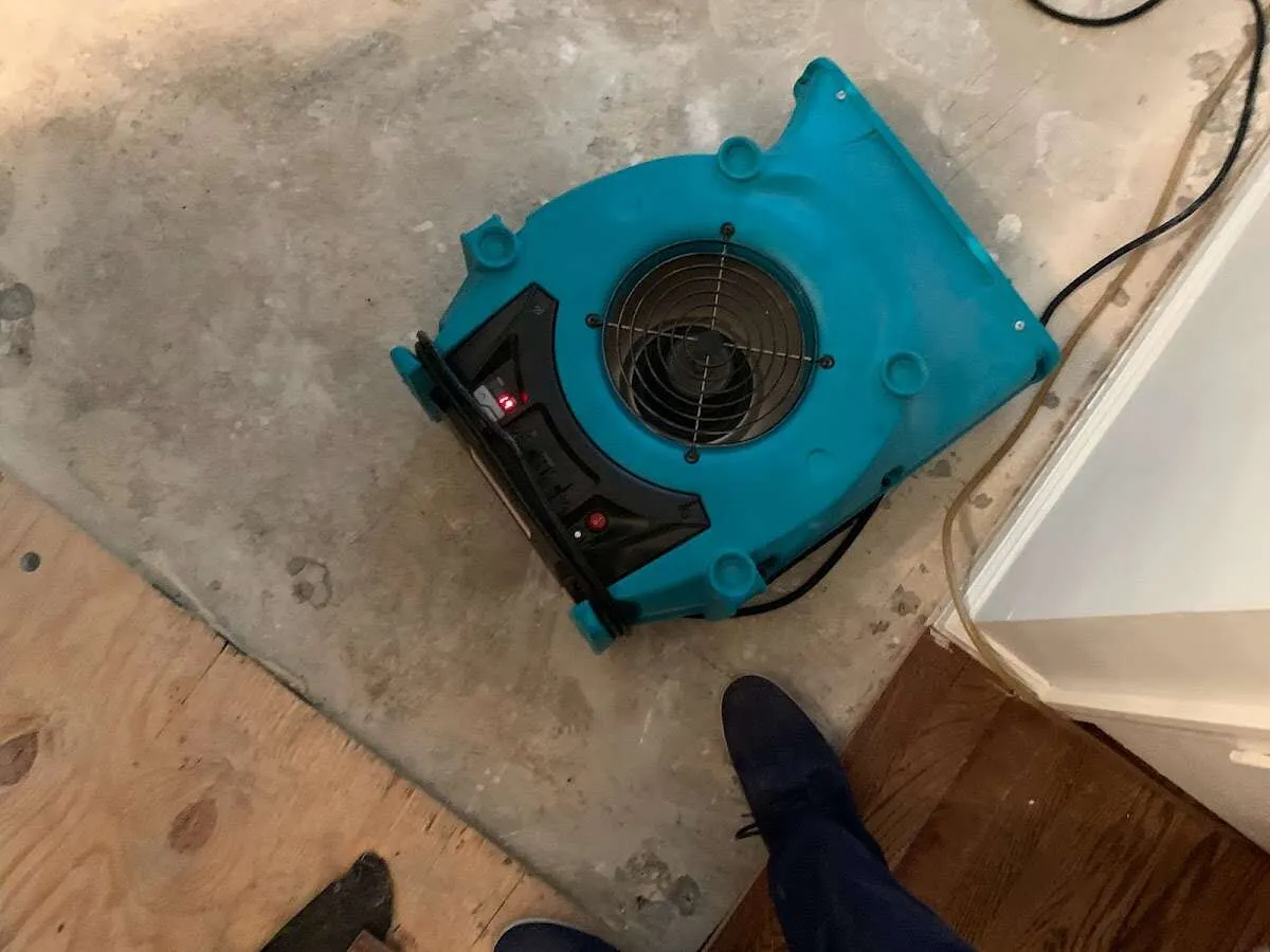 Air mover drying subfloor during Commercial Water Damage Restoration in Bastrop